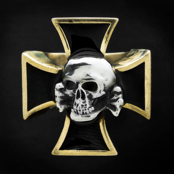 Death Head Skull on Iron Cross Bi Metallic Bronze Ring