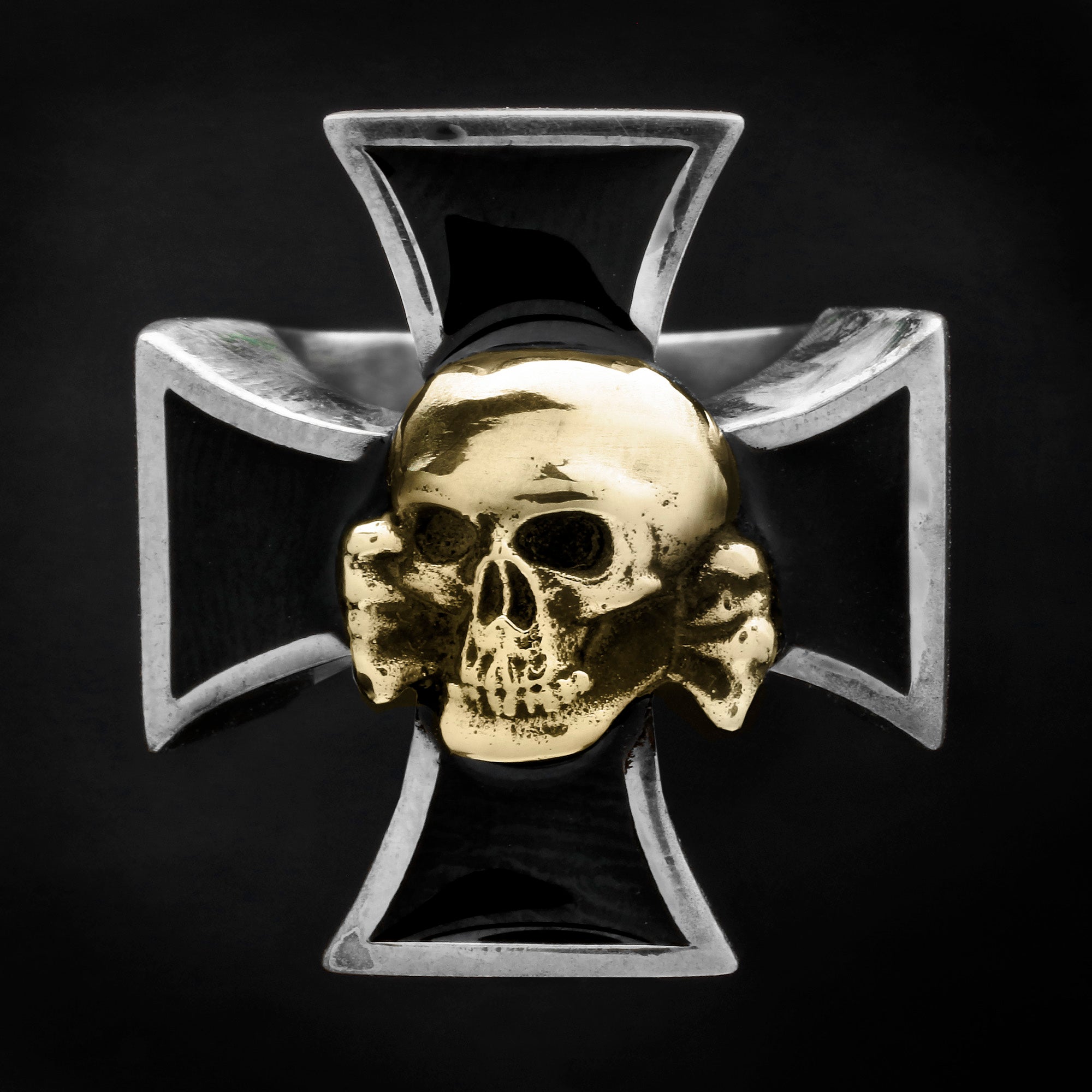 Death Head Skull on Iron Cross Bi Metallic Stainless Steel Ring
