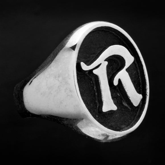 Oval Gothic Font Letter R Stainless Steel Ring
